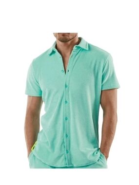BAIN DE MER TIFFANY GREEN LUXURY TERRY Button-Front Polo